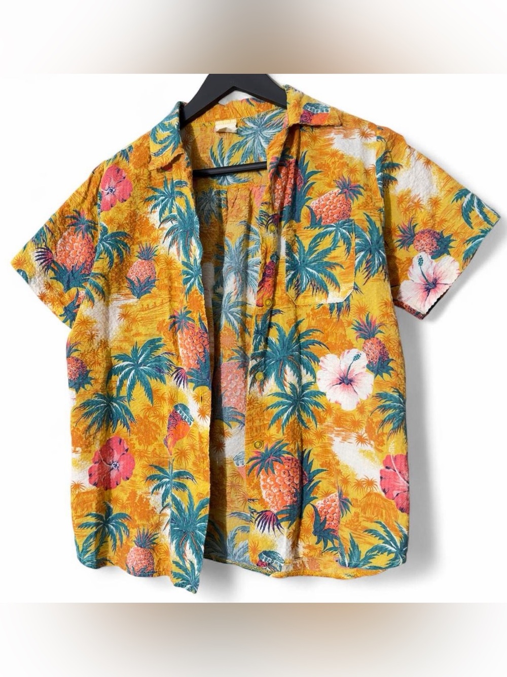 Yellow 60s Rayon Hawaiian shirt with pineapple and palm tree print small